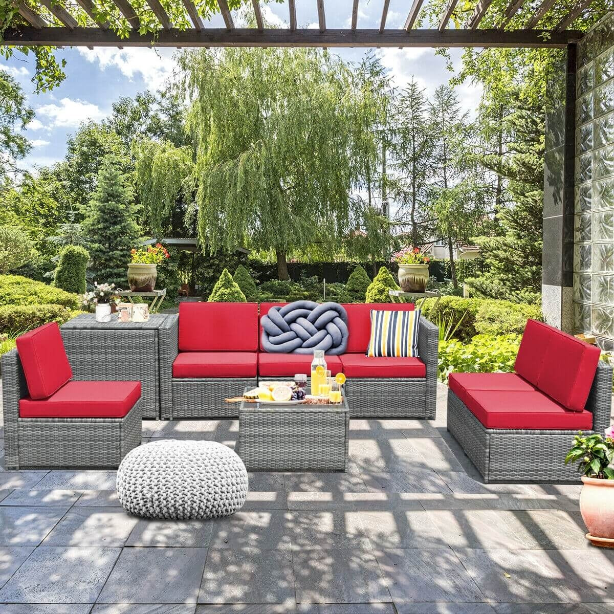 8 Piece Wicker Sofa Rattan Dinning Set Patio Furniture with Storage Table, Red Outdoor Sectionals   at Gallery Canada