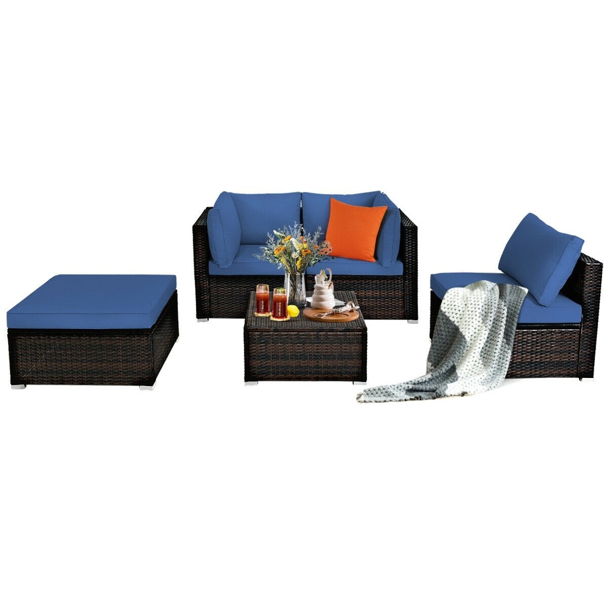 5 Pieces Patio Rattan Sofa Set with Cushion and Ottoman, Navy Outdoor Sectionals   at Gallery Canada