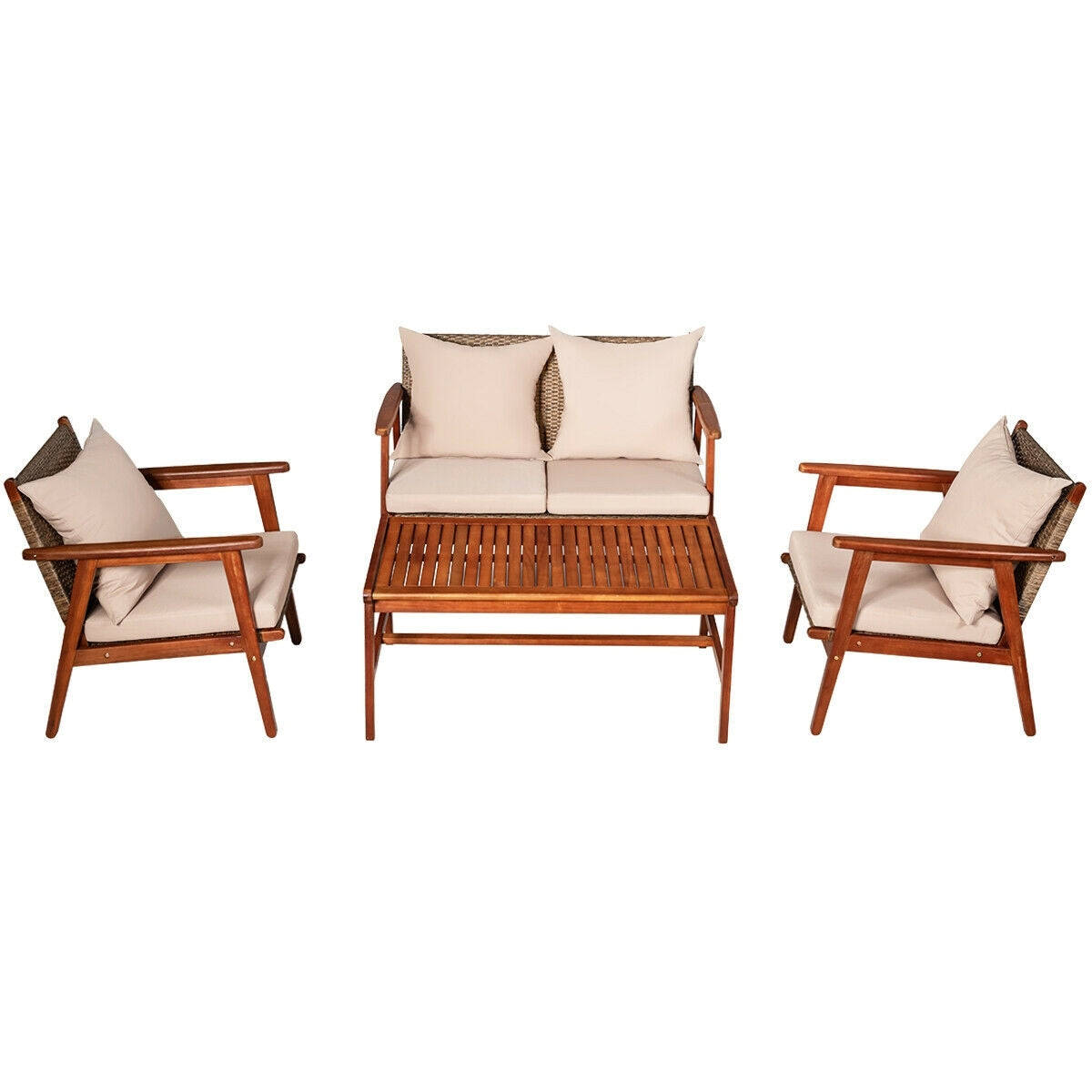 4 Pieces Acacia Wood Patio Rattan Furniture Set, Brown Patio Conversation Sets   at Gallery Canada