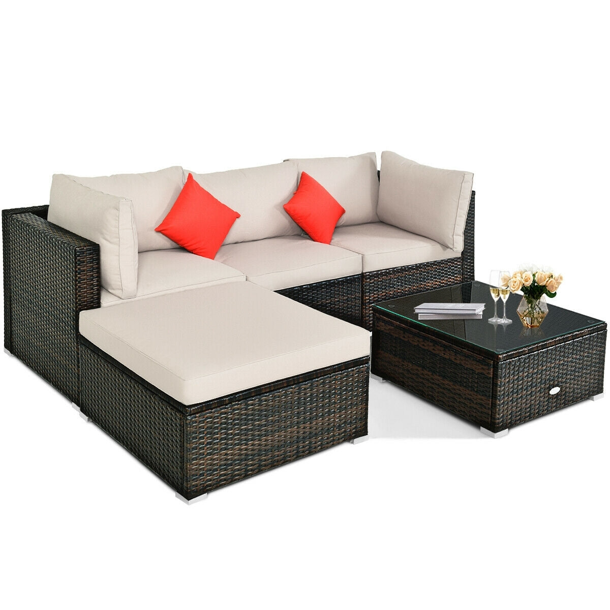 5 Pieces Outdoor Patio Rattan Furniture Set Sectional Conversation with Cushions, Beige Outdoor Sectionals   at Gallery Canada