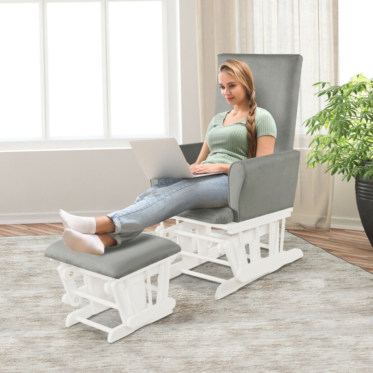 Baby Nursery Relax Rocker Rocking Chair Glider & Ottoman Set, Gray Recliners   at Gallery Canada