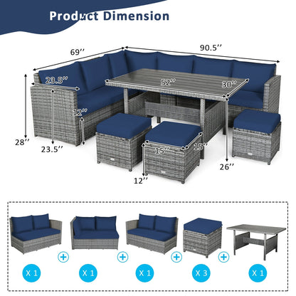 7 Pieces Patio Rattan Dining Furniture Sectional Sofa Set with Wicker Ottoman, Navy Outdoor Sectionals   at Gallery Canada