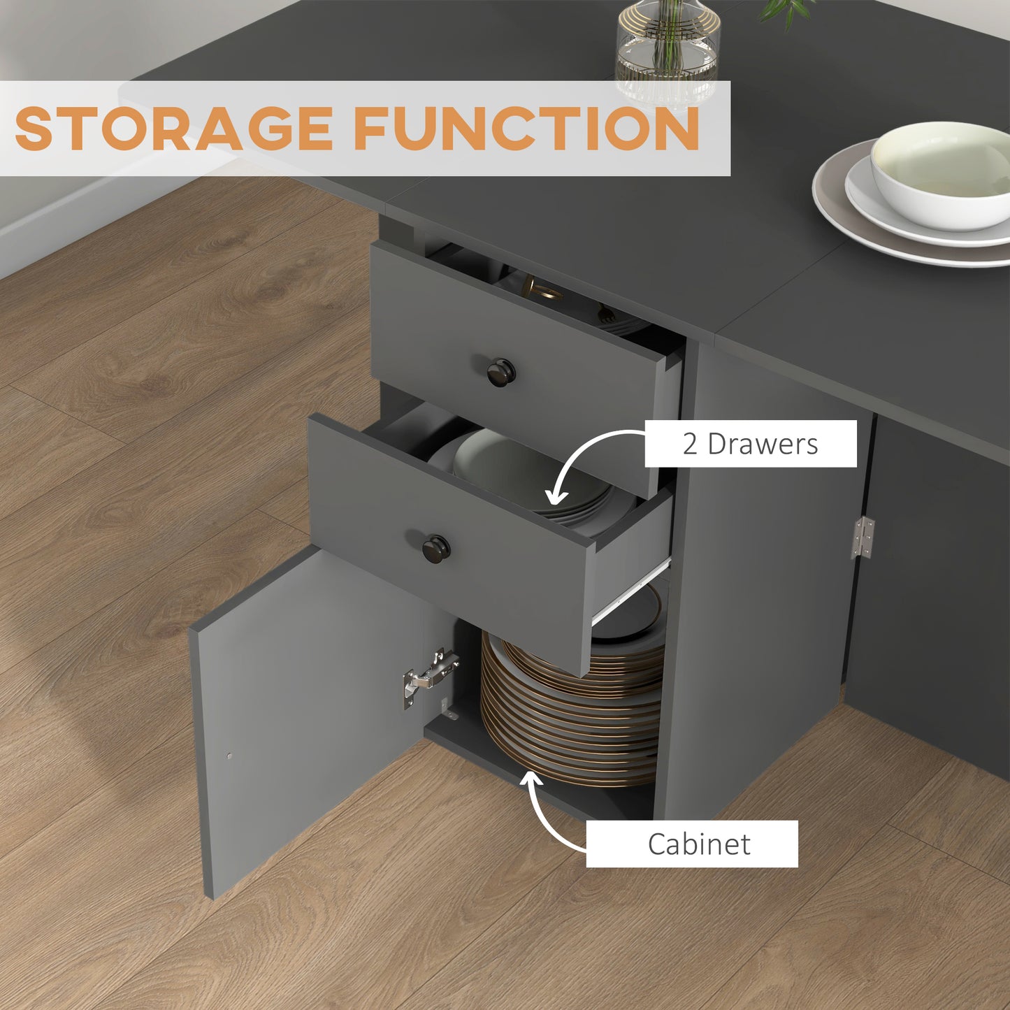 Extendable Dining Table, Drop Leaf Table with 2 Drawers, Cabinet and 6 Wheels for Small Spaces, Kitchen, Grey Dining Tables   at Gallery Canada