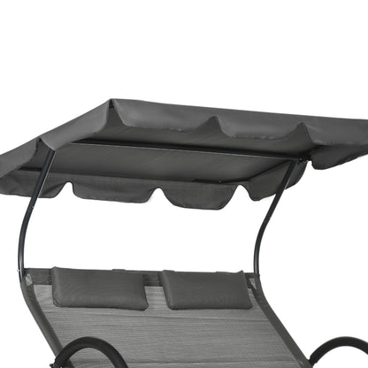 Outdoor Patio Chaise Lounge Chair, Patio Sun Lounger w/ Sunshade Roof, for Two People with Wheels and Breathable Sling Mesh Bed, Pillows, Dark Gray Daybeds   at Gallery Canada