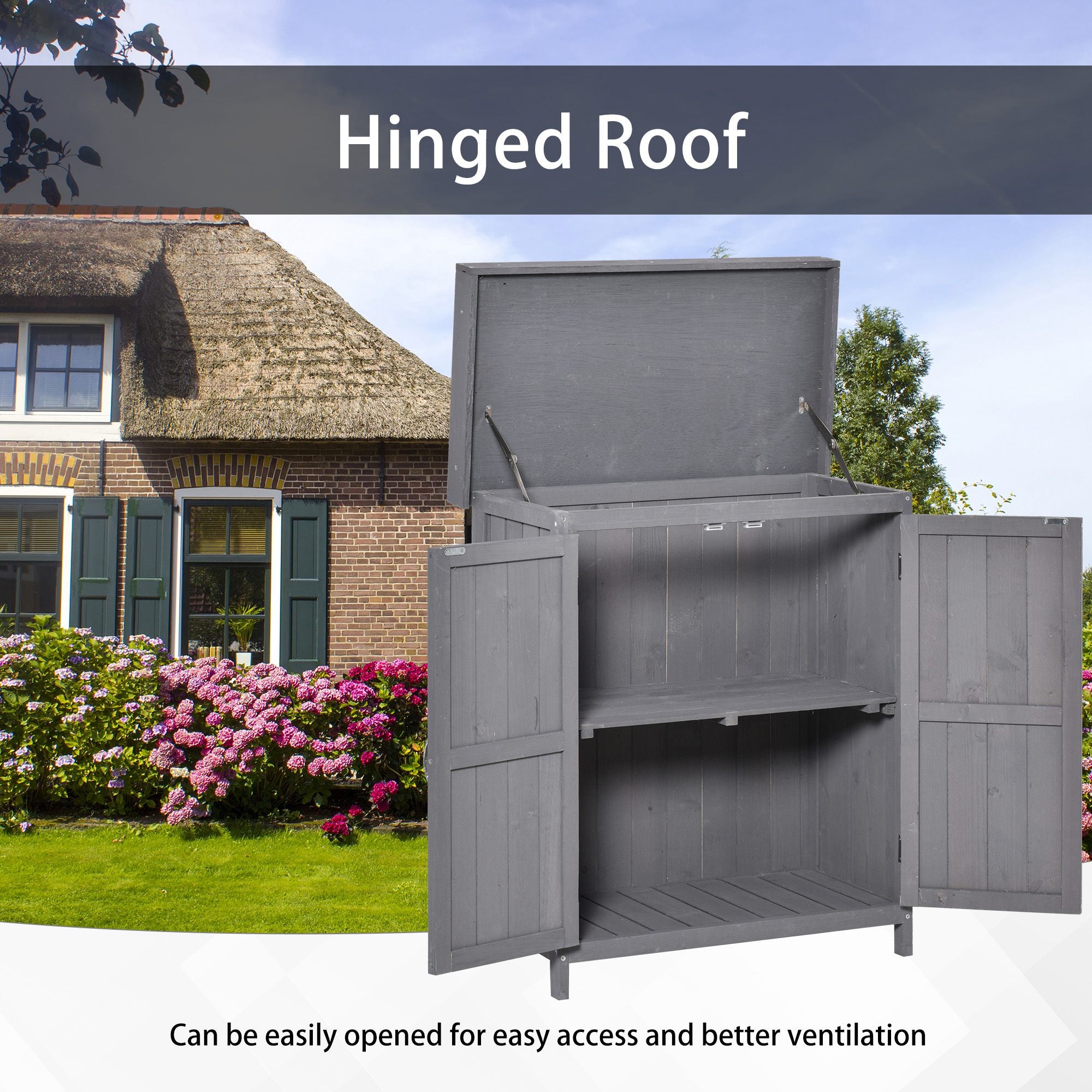 Wooden Garden Tool Storage Shed Kit with Hinged Roof, 2-Tier Shelves and Double Doors, 74x43x88cm, Dark Grey Sheds at Gallery Canada