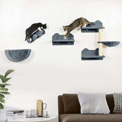 Cat Wall Shelves, 3PCs Cat Shelves with Hammock, Scratching Post, 3 Steps, Jumping Platforms, Wall Mounted Cat Climber, Grey
