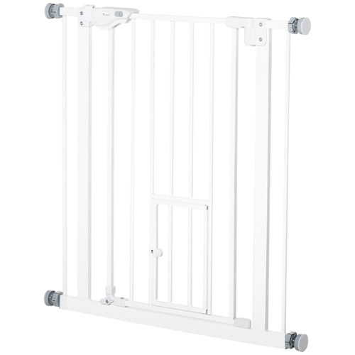 Pet Gate Extra Wide Press-Mounted with Cat Door, Auto Closing Pet Gate for Stair, Hallway, 29-32 Inch, White