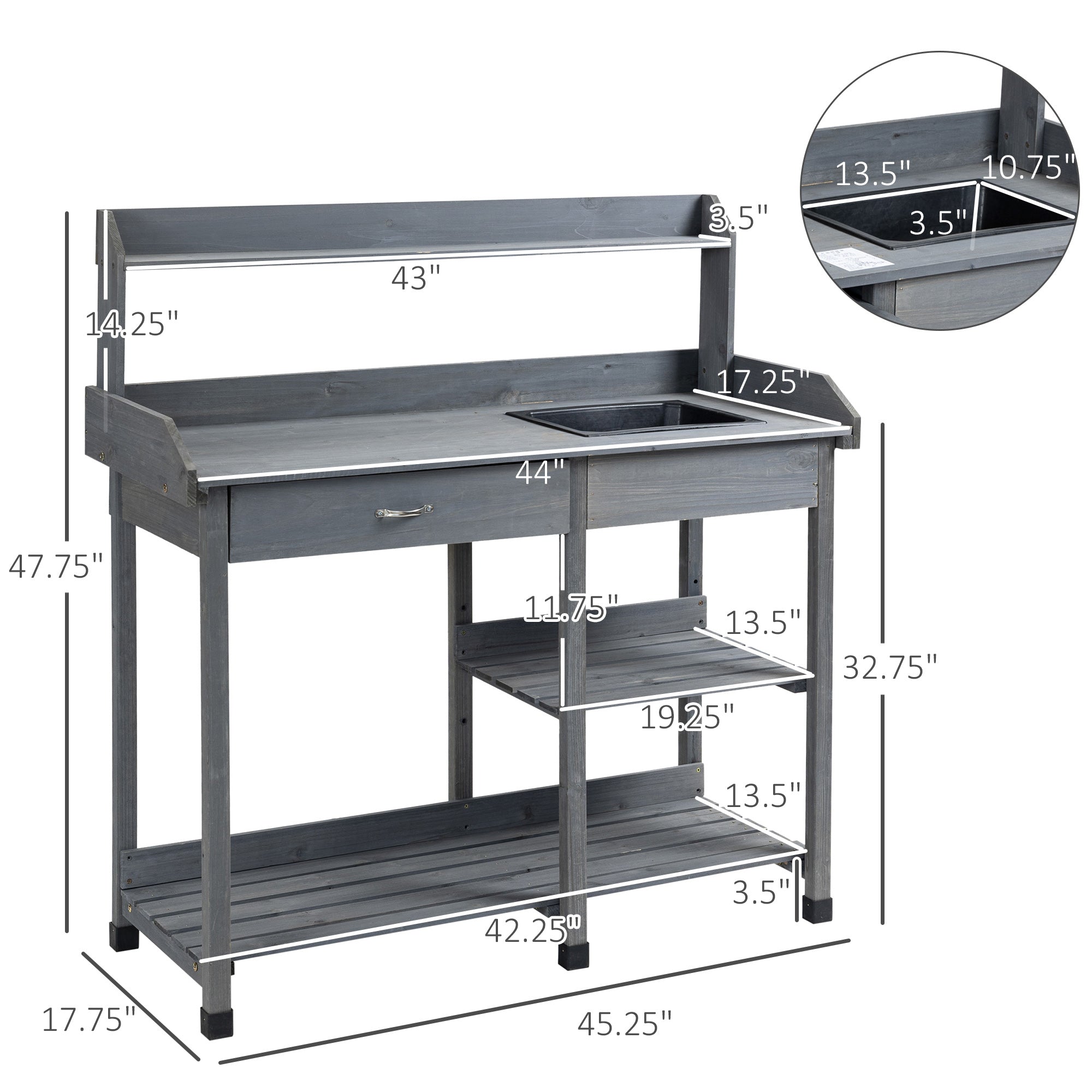 Potting Bench Table Garden Work Bench Workstation with Drawer, Removable Sink, Storage Shelves and Hooks for Patio, Courtyards, Balcony Potting Benches & Tables at Gallery Canada