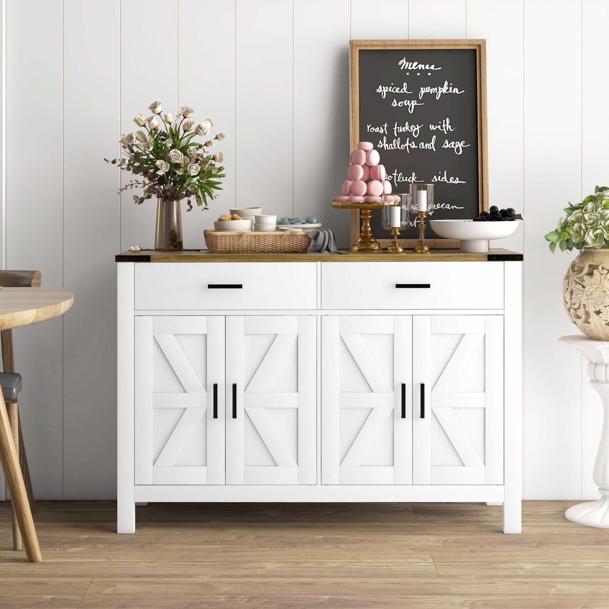 Farmhouse Buffet Cabinet Sideboard with 2 Drawers, 2 Storage Cabinets and Adjustable Shelves, White Bar Cabinets Multi Colour  at Gallery Canada