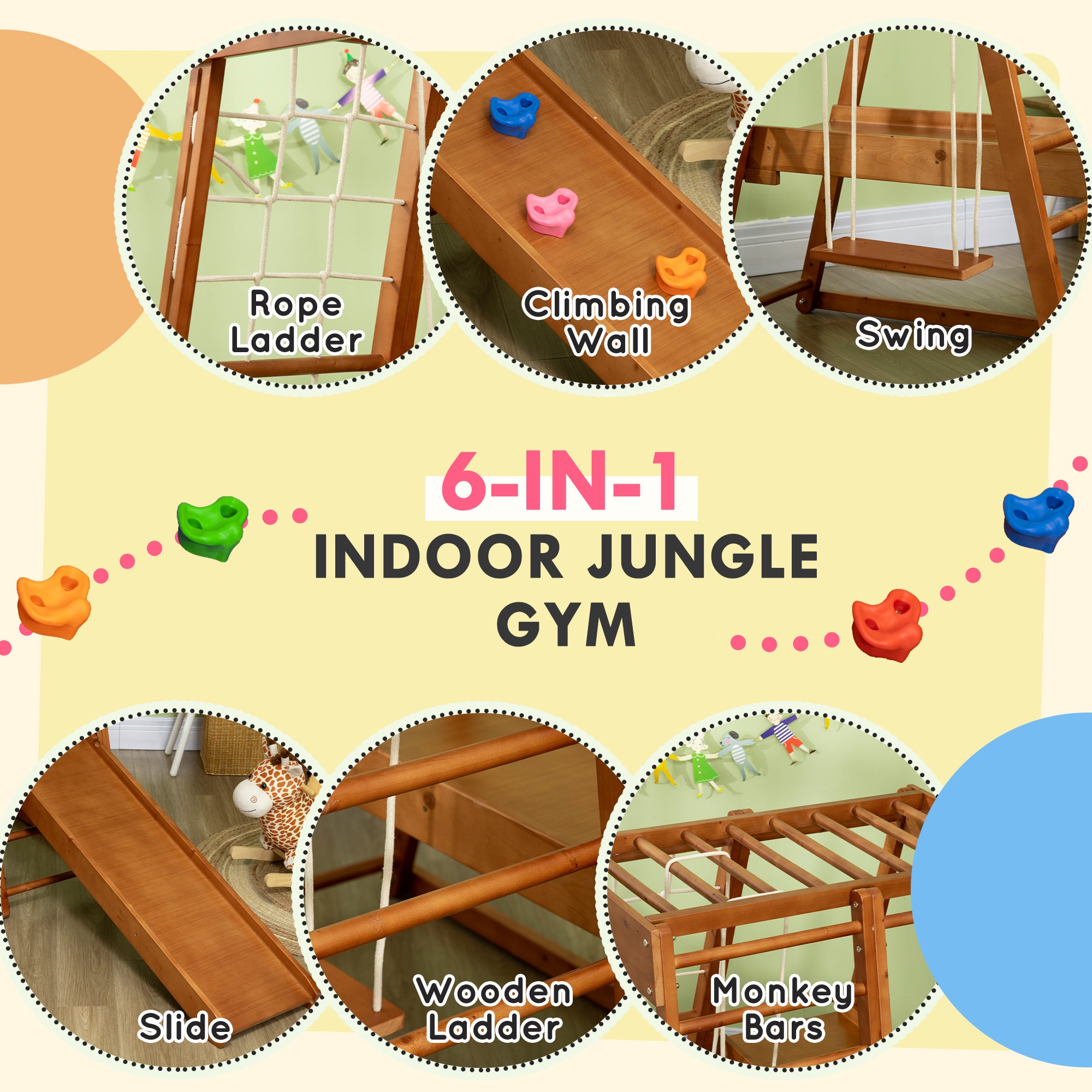6-in-1 Kids Indoor Playground Jungle Gym with Slide, Climbing Wall, Rope Climber, Monkey Bars, Swing, Ladder, Toddler Climbing Toys for 3-10 Years Old Toddler & Kids Step Stools at Gallery Canada
