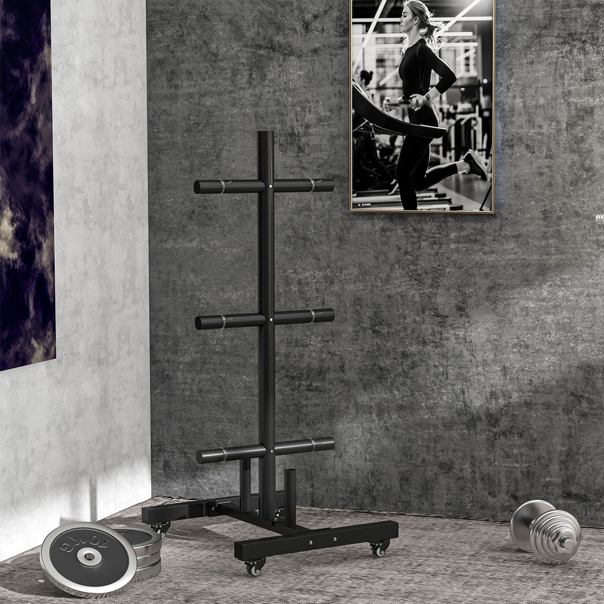 Weight Plate Rack, Bumper Plate Rack Holder for 2 inch Plates and Bars, with 4 Transport Wheels and 6 Fasten Clamps, 440 lbs Capacity More-Strength Training Equipment at Gallery Canada