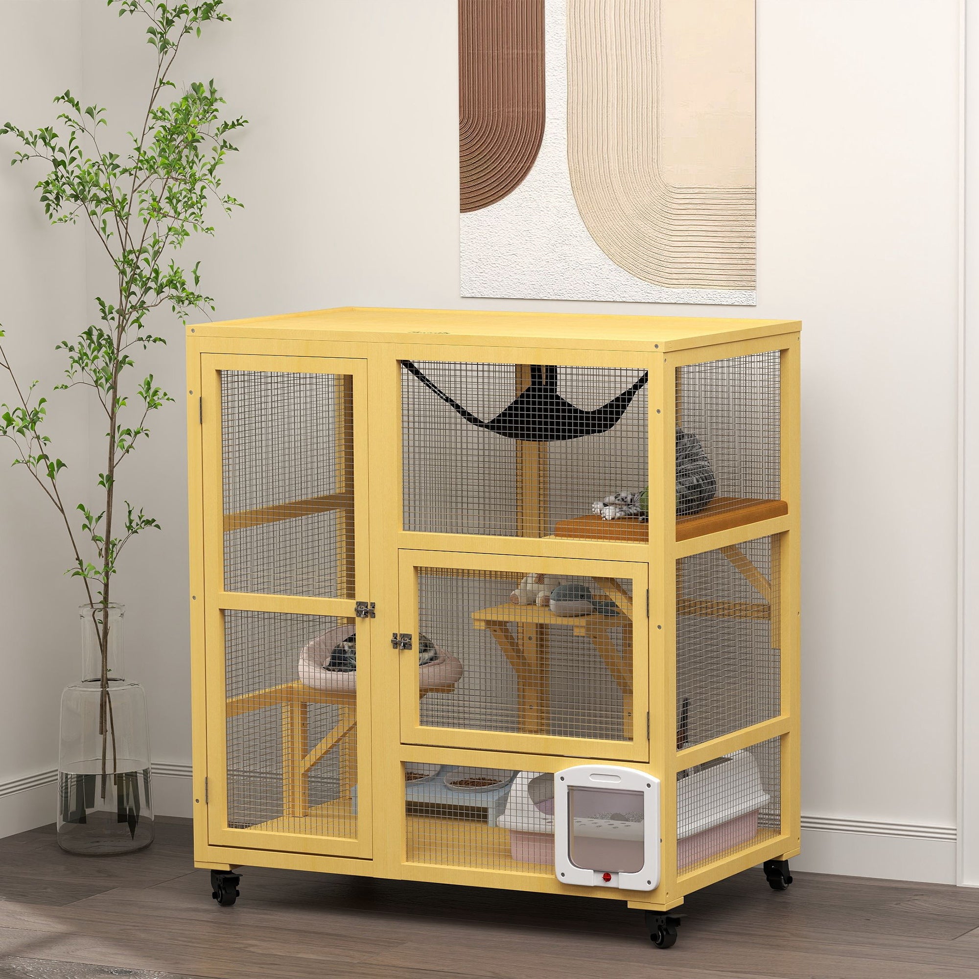Cat Condo Wooden Indoor Cat House on Wheels with Cat Flap Door Platforms Hammock Openable Top for 2 Cats, Yellow Outdoor Cat Enclosures at Gallery Canada