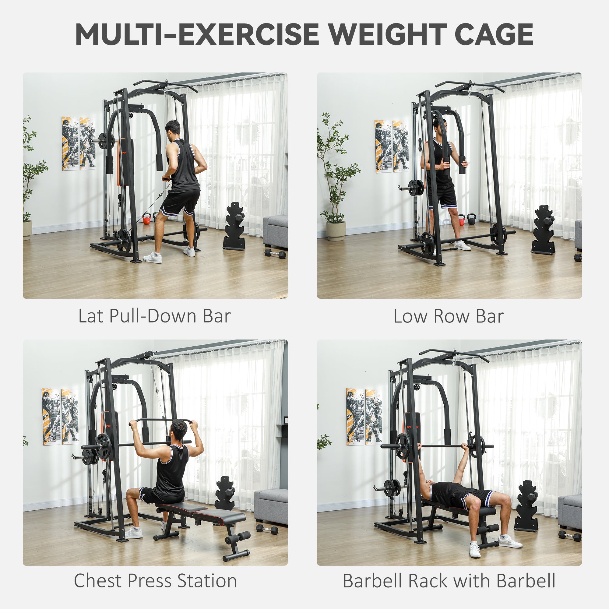 3 In 1 Smith Machine with Dual Cable Pulley System, Chest Press Station, 17-Level Squat Rack and Barbell Bar Power Towers at Gallery Canada