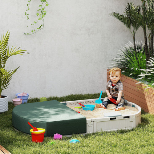 Kids Sandbox with Cover, Seat, Sandbox Outdoor for Backyard, Cream White