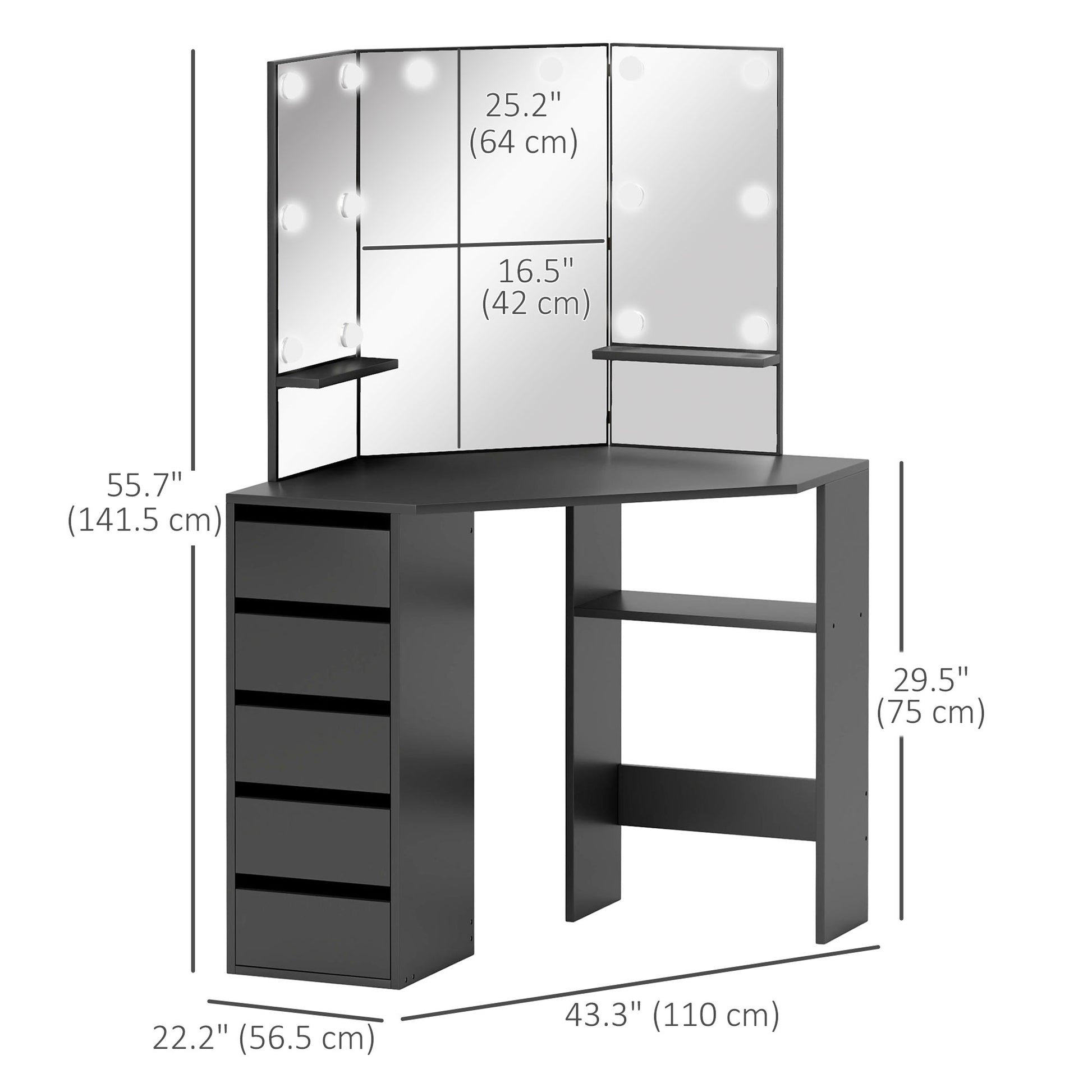 Makeup Vanity Desk with 3-Panel Mirror and 10 LED Lights, Dressing Table with 5 Drawers and Shelves for Bedroom, Black Dressing & Vanity Tables at Gallery Canada