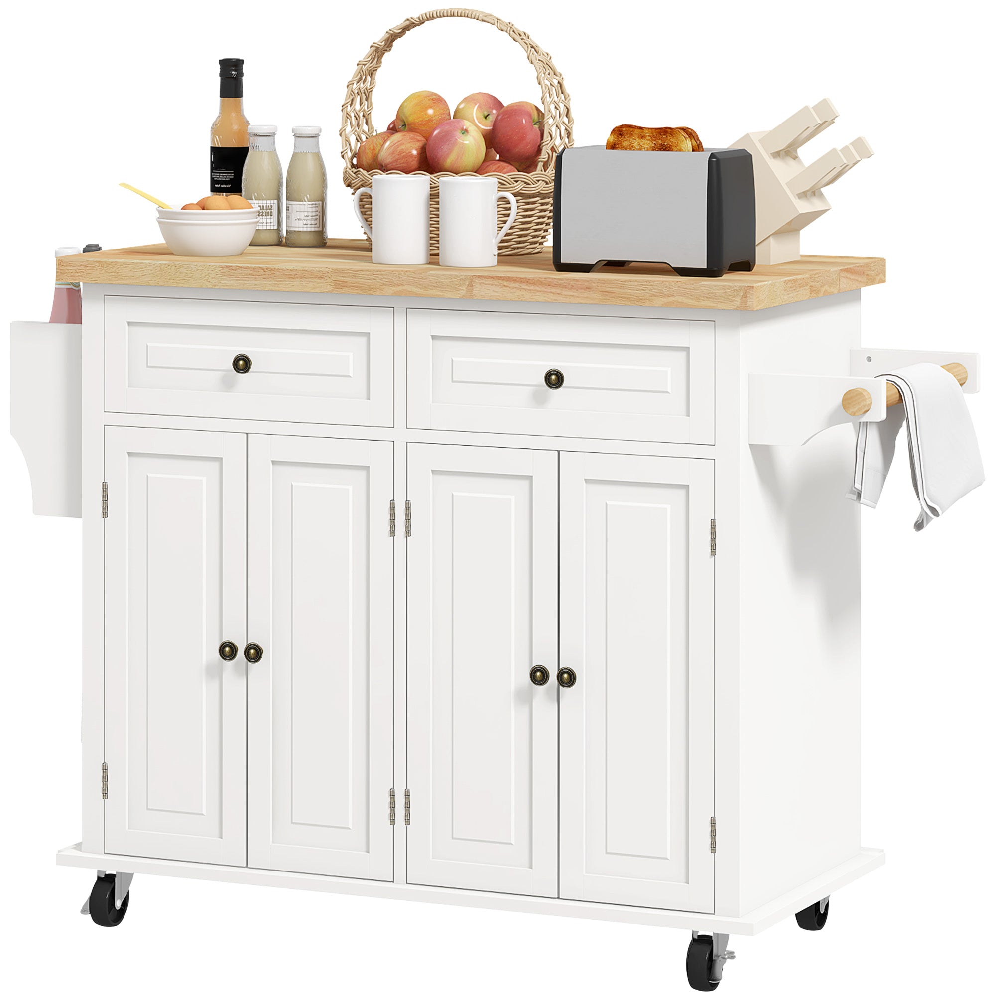 Kitchen Island with Storage, Rolling Trolley Cart with Rubber Wood Top, Spice Rack, Towel Rack, Cream White Kitchen Islands & Kitchen Carts   at Gallery Canada