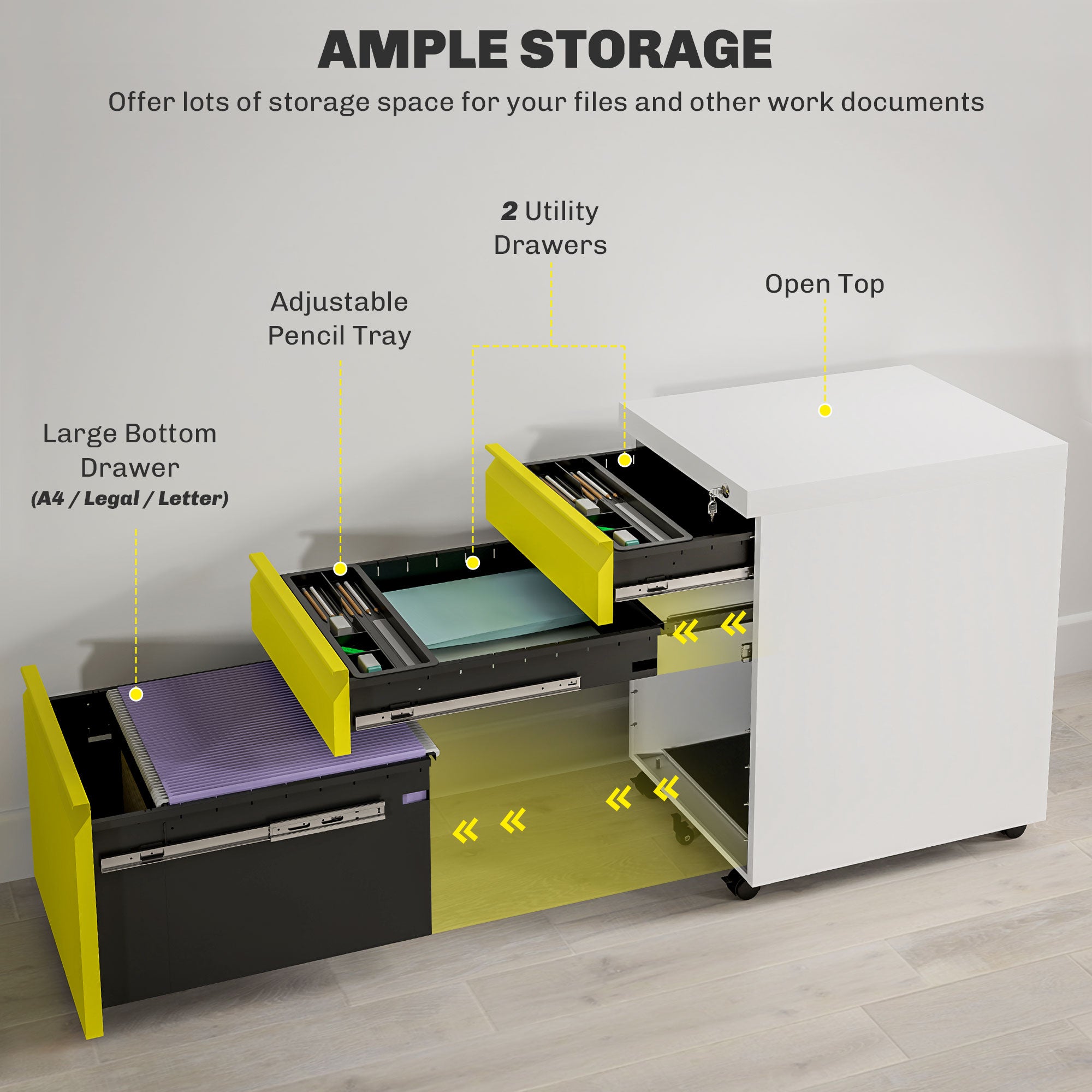 3 Drawer Filing Cabinet, Lockable Office Storage Cabinet on Wheels for Legal, Letter, A4 Files, Yellow Office Cabinets & Cupboards   at Gallery Canada