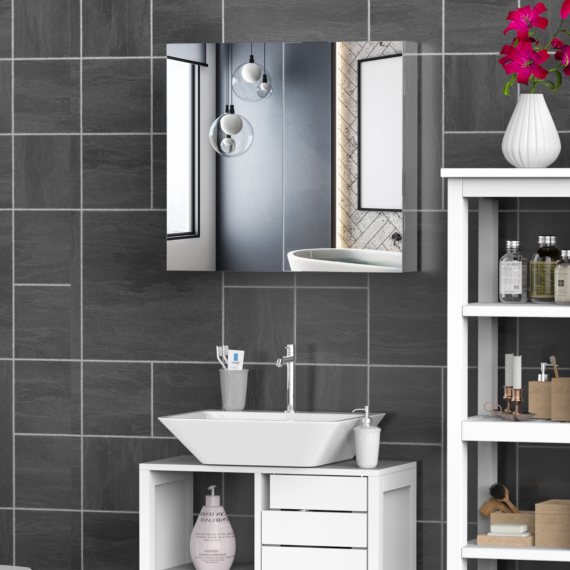 Wall Mounted Mirror Cabinet, Bathroom Medicine Cabinet with Mirror, 2 Doors and 3-tier Shelving, Silver Mirror Medicine Cabinets at Gallery Canada