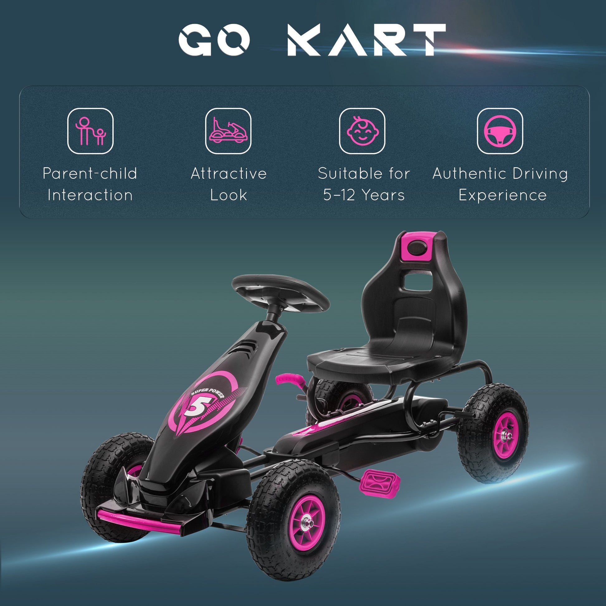 Pedal Go Kart w/ Adjustable Seat, Rubber Wheels Shock Absorb, Pink Pedal Go Karts for Kids   at Gallery Canada