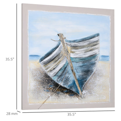 Boat Wall Art Hand-Painted Canvas Painting Beach Artwork Modern Framed Prints for Living Room Bedroom Decor Blue, 35.5" x 35.5" Hand Painted Canvases Multi Colour  at Gallery Canada