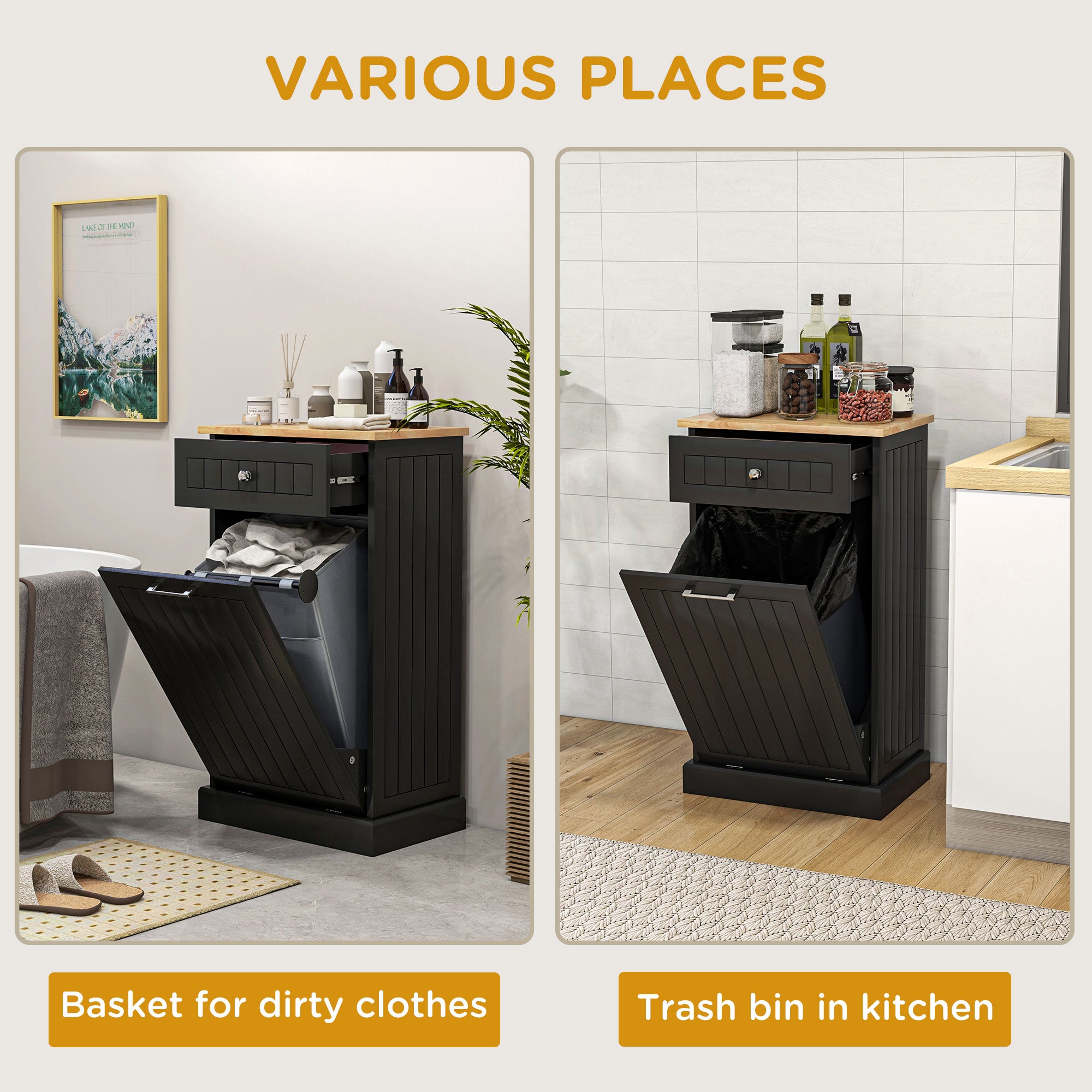 Kitchen Tilt Out Trash Bin Cabinet, Free Standing Recycling Cabinet, Trash Can Holder with Drawer, Black Storage Cabinets   at Gallery Canada