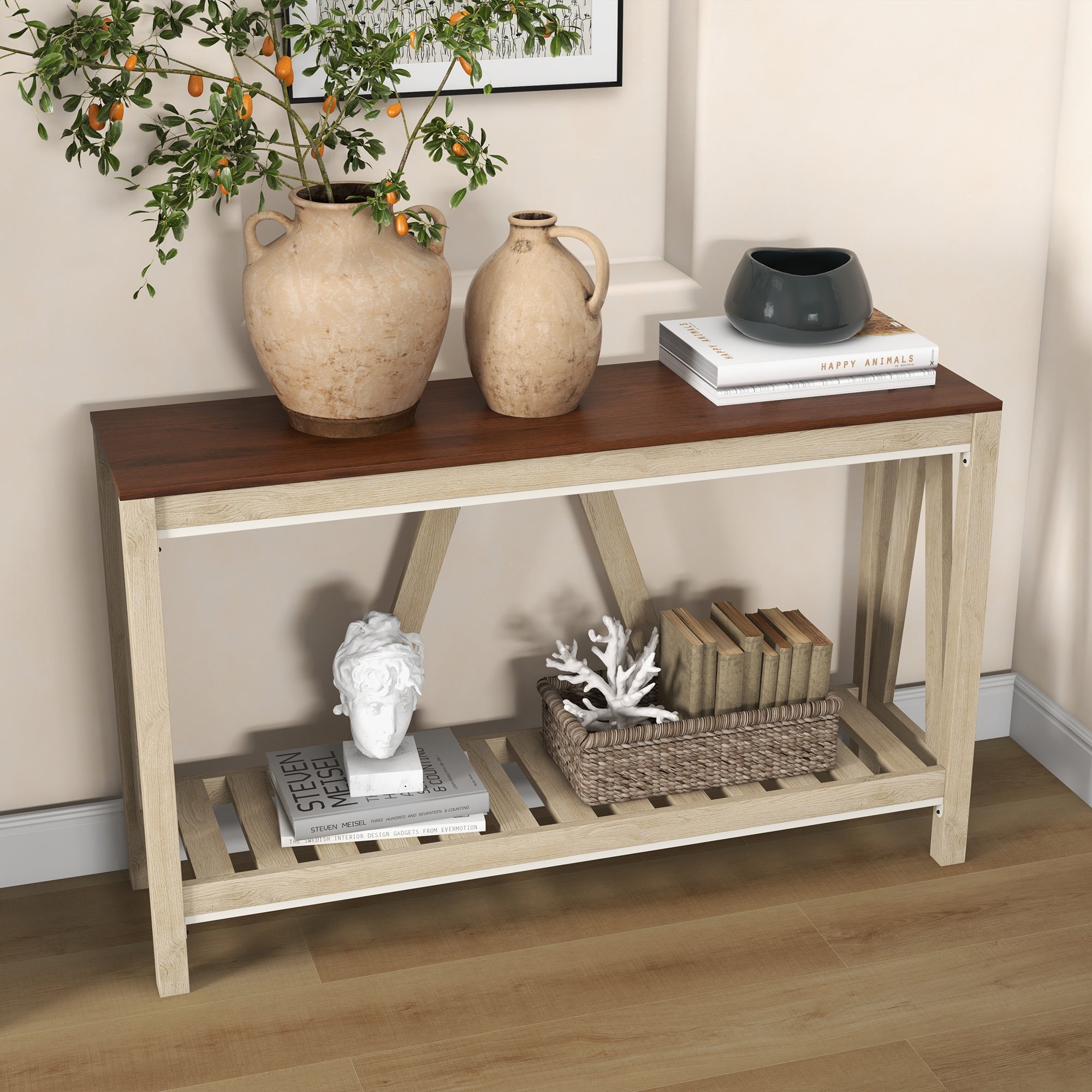 Console Table, Farmhouse Entryway Table with Storage Shelf, Rustic Sofa Table with Anti-tipper for Living Room and Entryway, Oak Console Tables   at Gallery Canada