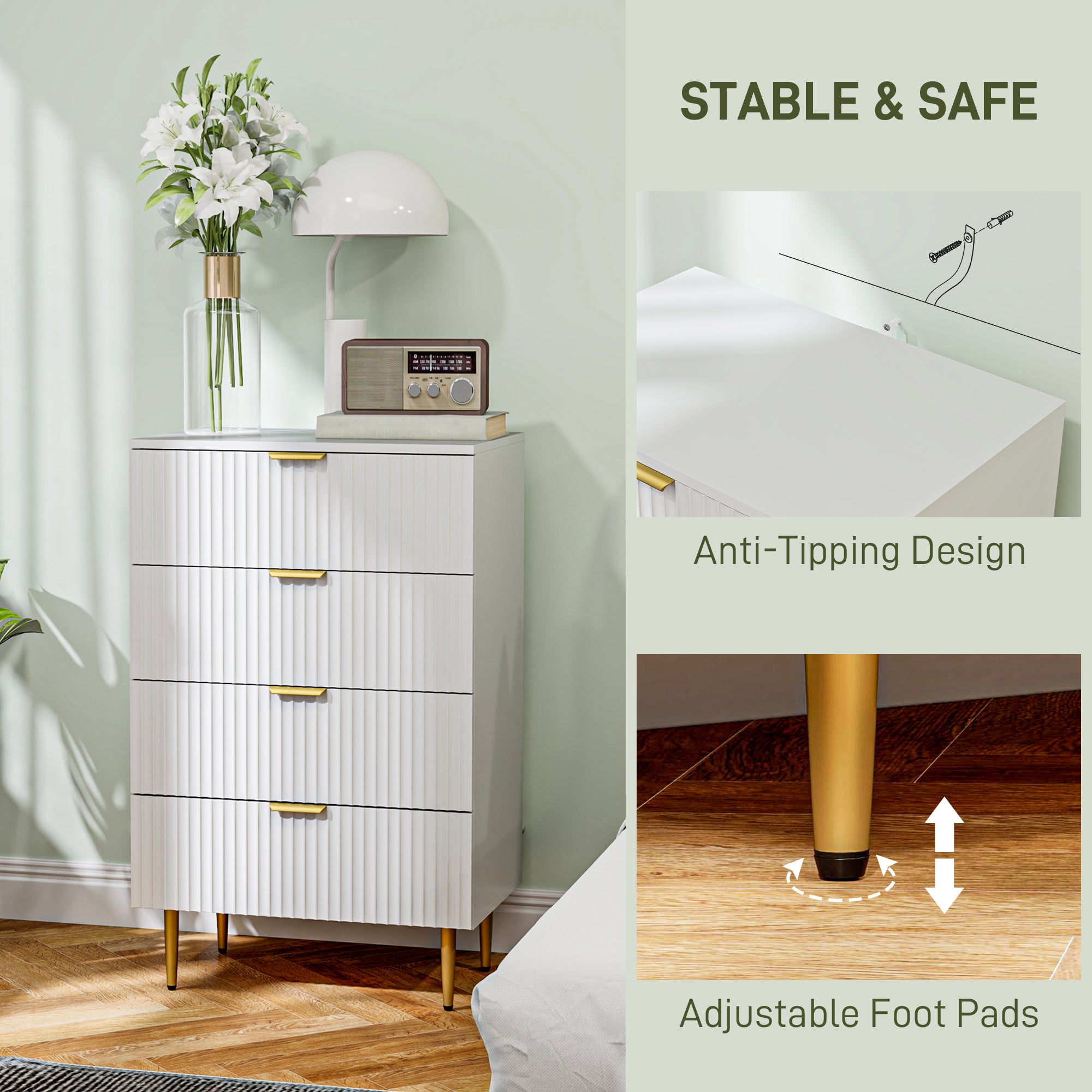 Modern Chest of Drawers 4 Drawer Dresser for Bedroom with Gold Legs and Handles, White Storage Cabinets at Gallery Canada