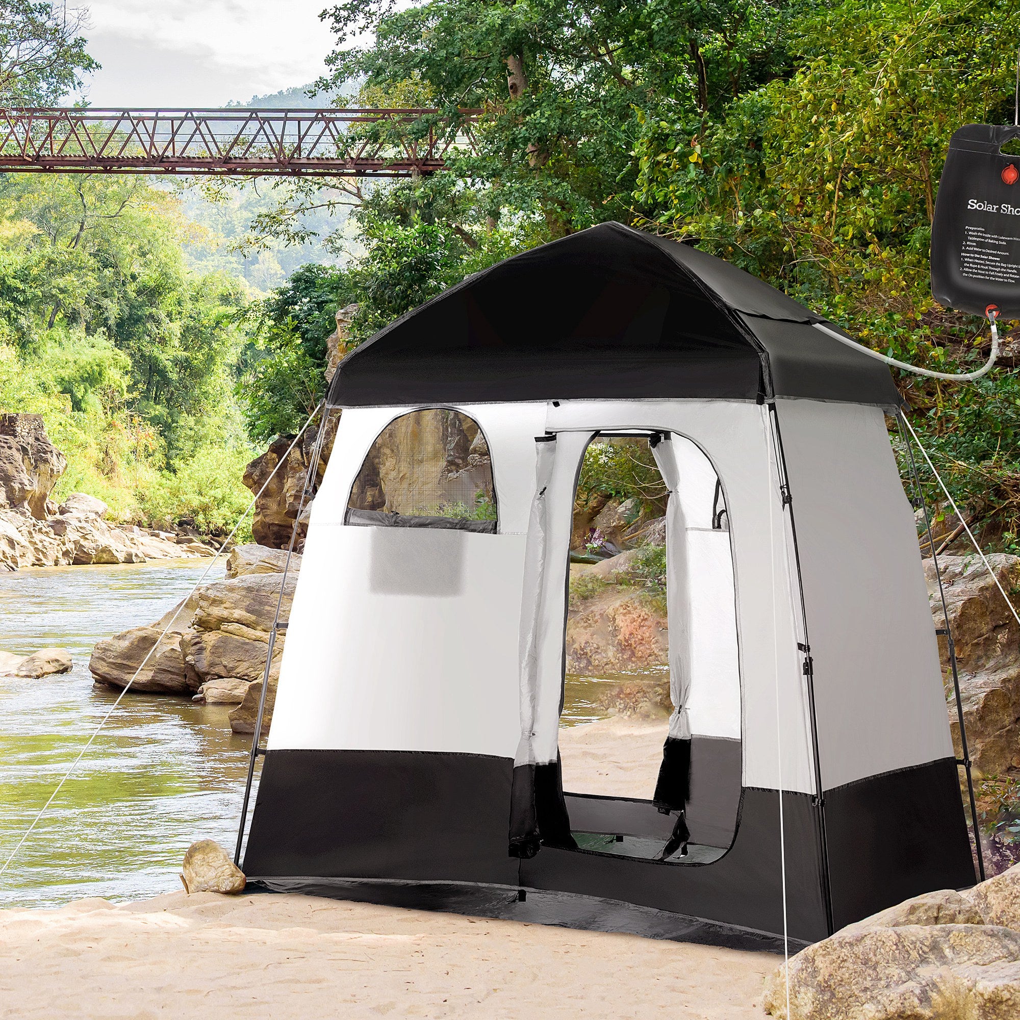 Outdoor Portable Pop Up Shower Tent Changing Tent Privacy Enclosure with 2 Rooms, Shower Bag, Floor for Camping, Black Camping Tents at Gallery Canada
