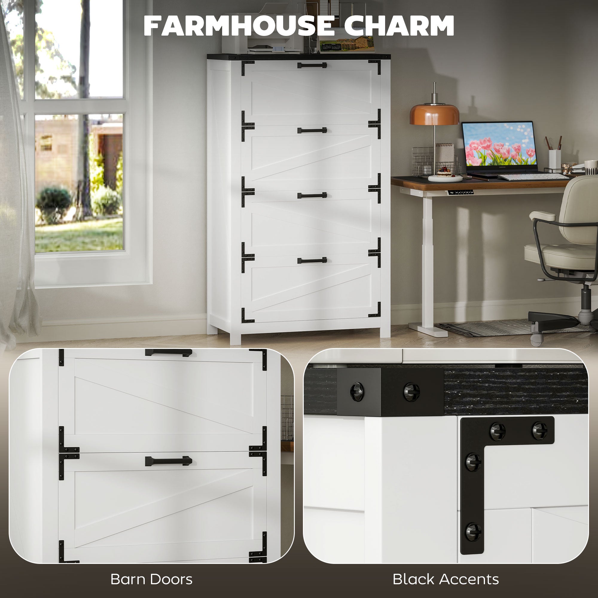 4 Drawer Filing Cabinet, Farmhouse Office Storage Cabinet with Adjustable Hanging Bars for Letter, A4, Legal Size, White Office Cabinets & Cupboards at Gallery Canada