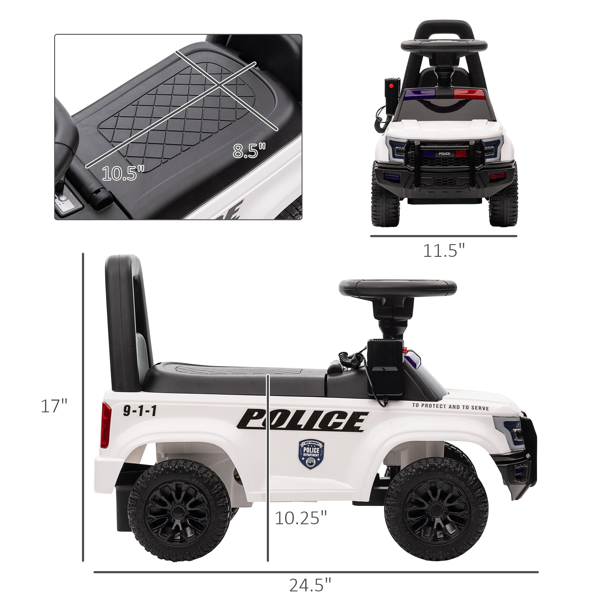Kids Ride On Sliding Car with Hidden Under Seat Storage, Ride On Police Car for Toddler with Megaphone, Anti Dumping Device, Removable Backrest, Foot-to-Floor Design, White Push Cars for Toddlers at Gallery Canada