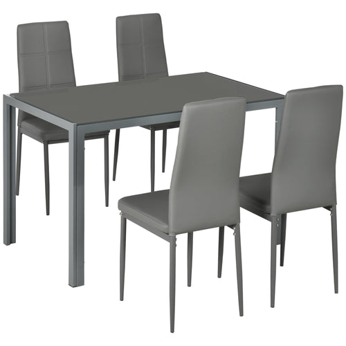 5-Piece Glass Dining Table Set with Metal Frame and Faux Leather Chairs, Grey