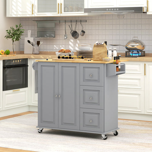 Kitchen Island on Wheels, Kitchen Cart with Drop Leaf, Drawers, Grey