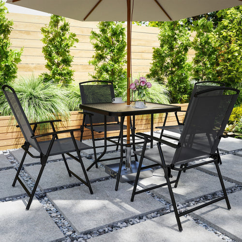 5 Pieces Outdoor Patio Dining Set with Glass Top Table and 4 Mesh Folding Chairs, Small Outdoor Patio Furniture, Grey