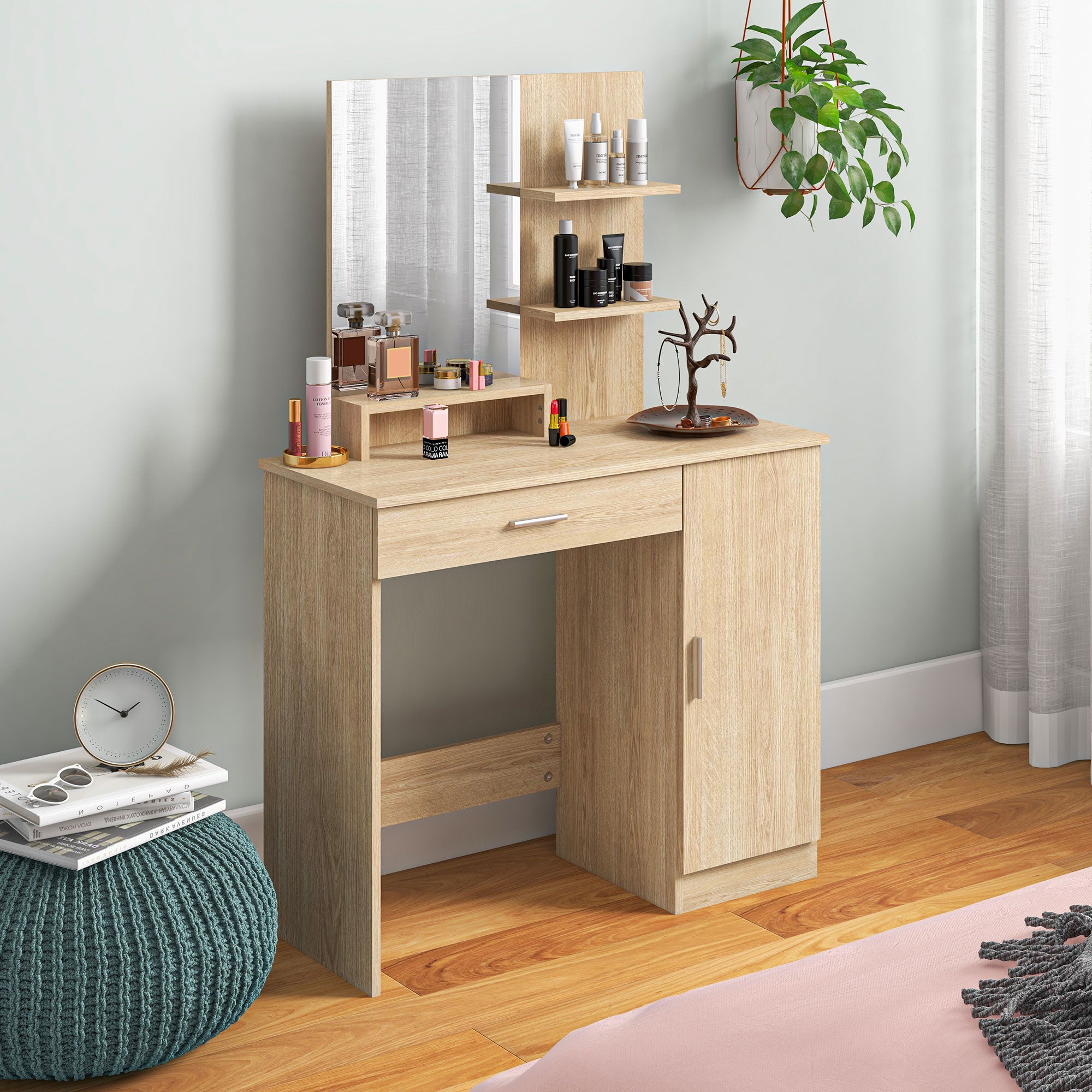 Dressing Table, Vanity Table with Mirror, Drawer and Storage Shelves for Bedroom, 35.4