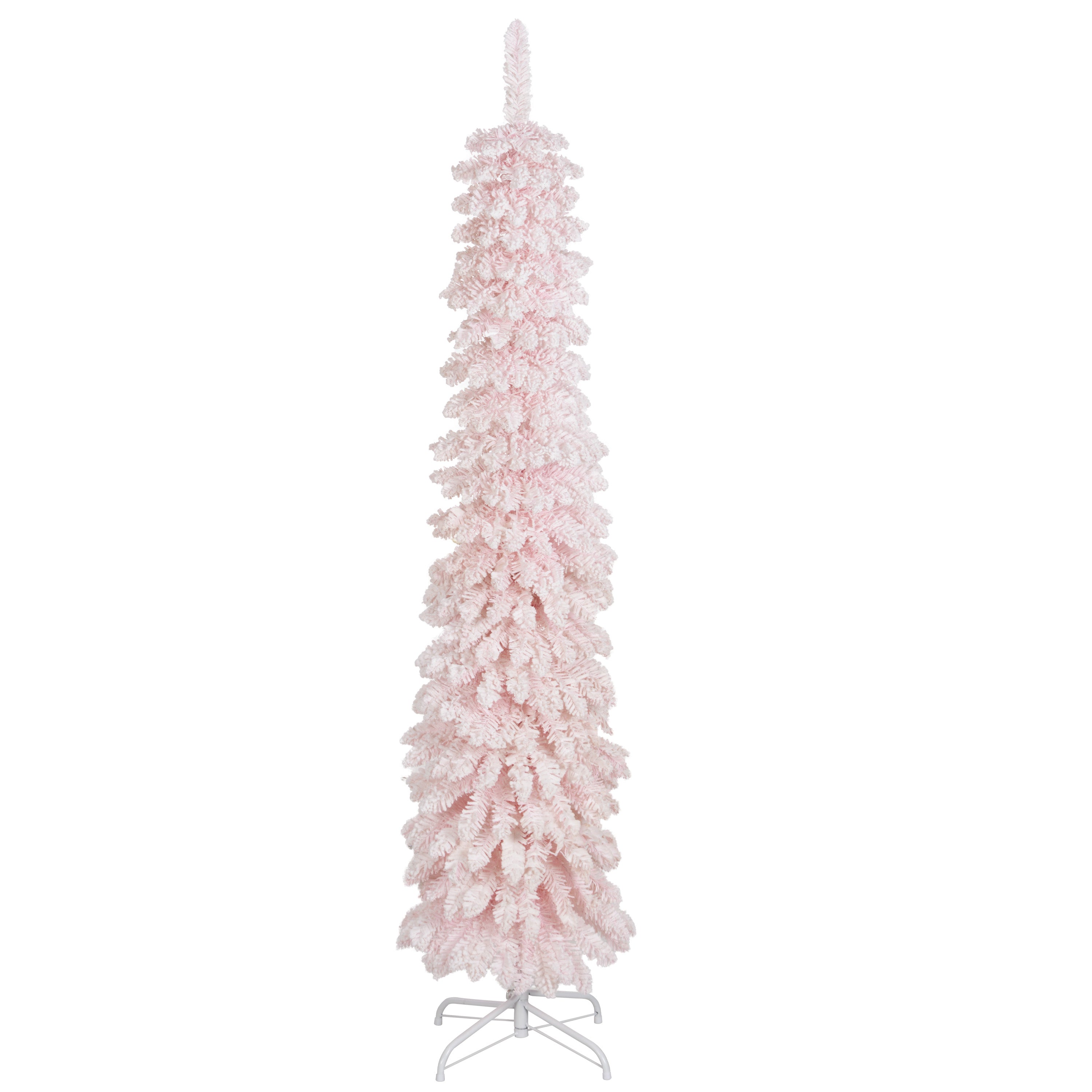 6ft Snow-Flocked Artificial Christmas Tree, Slim Pencil Xmas Tree with 395 Realistic Branches, Metal Base, Pink Pencil Christmas Trees Pink at Gallery Canada