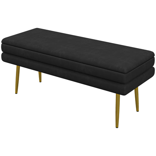 End of Bed Bench, Velvet-feel Upholstered Bench with Thick Padded Seat and Steel Legs, Modern Bedroom Bench, Black