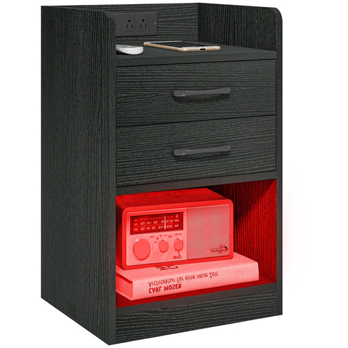 Tall Nightstand with Charging Station and LED Lights, Small Bedside Table with AC Outlets, USB Ports, 2 Drawers, Shelf