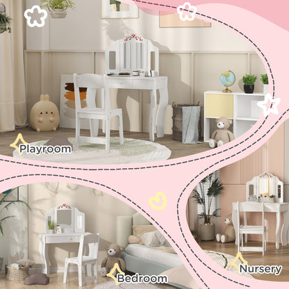 Kids Vanity Set, Dual-Use Dressing Table with Removable Tri-Folding Mirror and Drawer, for Ages 3-8, White Toy Vanity   at Gallery Canada