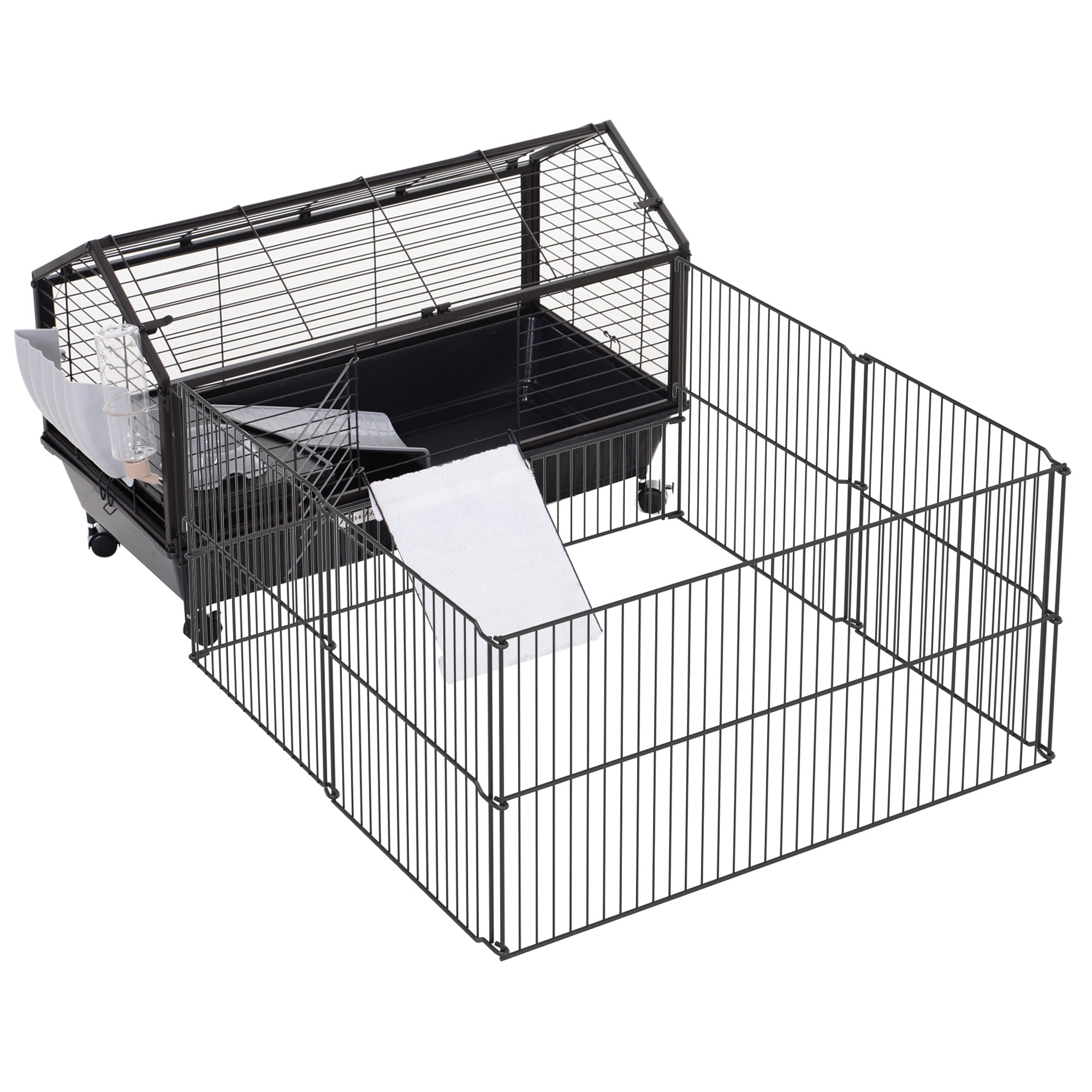 Metal Small Animal Cage, Rabbit Cage for Guinea Pig Chinchilla Hedgehog Bunny with Removable Wheels and Foldable Detachable Run Fence, 34.6