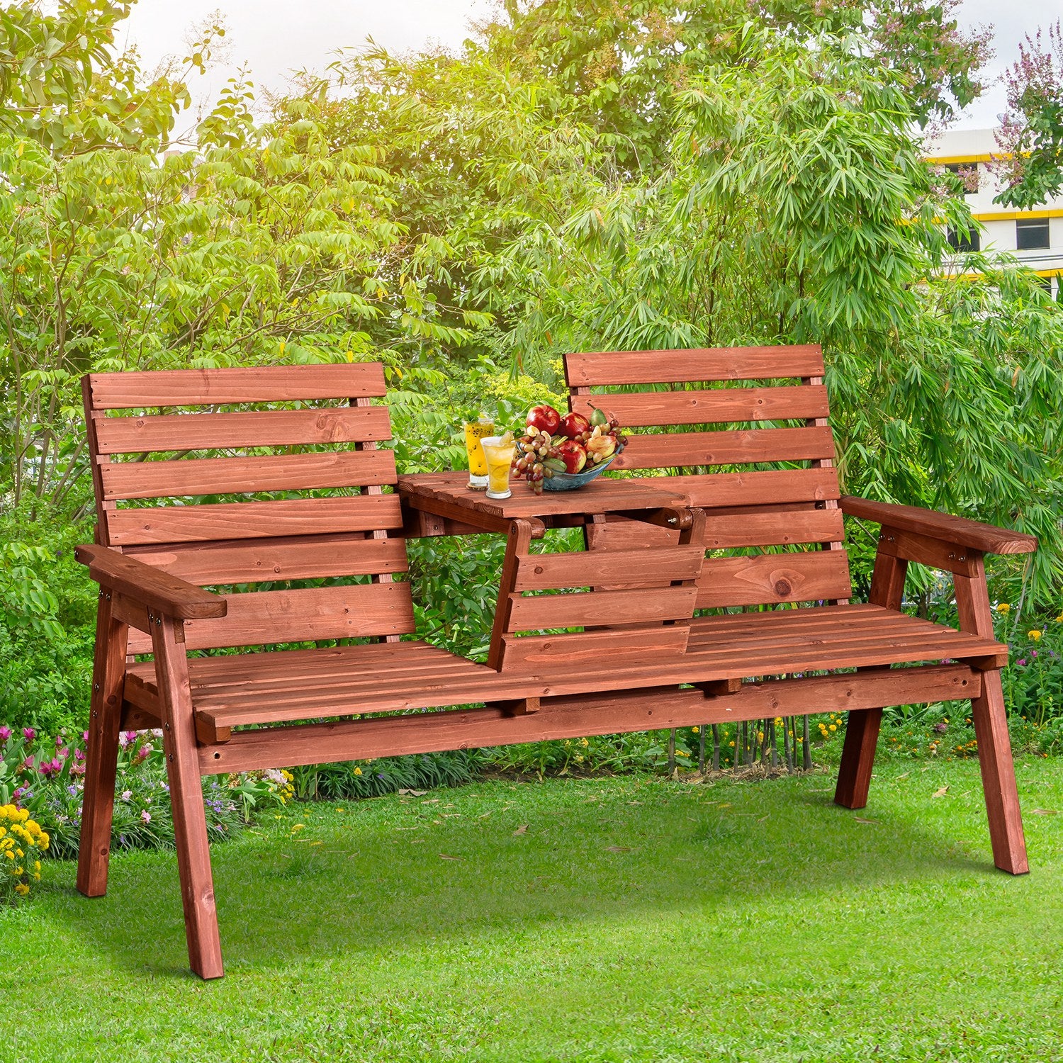 3-Seater Outdoor Bench with Convertible Middle Table, Garden Wooden Patio Loveseat with Middle Table for 2 Persons w/ Slatted Seat and Backrest, Armrests, Orange Outdoor Benches at Gallery Canada