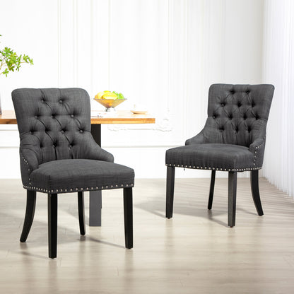 Swoop Air Linen Fabric Dining Chair Set of 2 with Nailhead Trim and Wood Legs Dark Grey Dining Chairs   at Gallery Canada