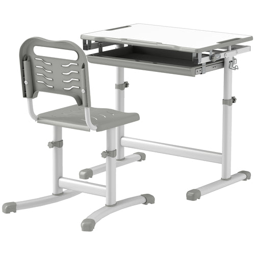 Height Adjustable Study Table and Chair Set with Drawer, Pen Slot, Tiltable Desktop, Hook, Grey