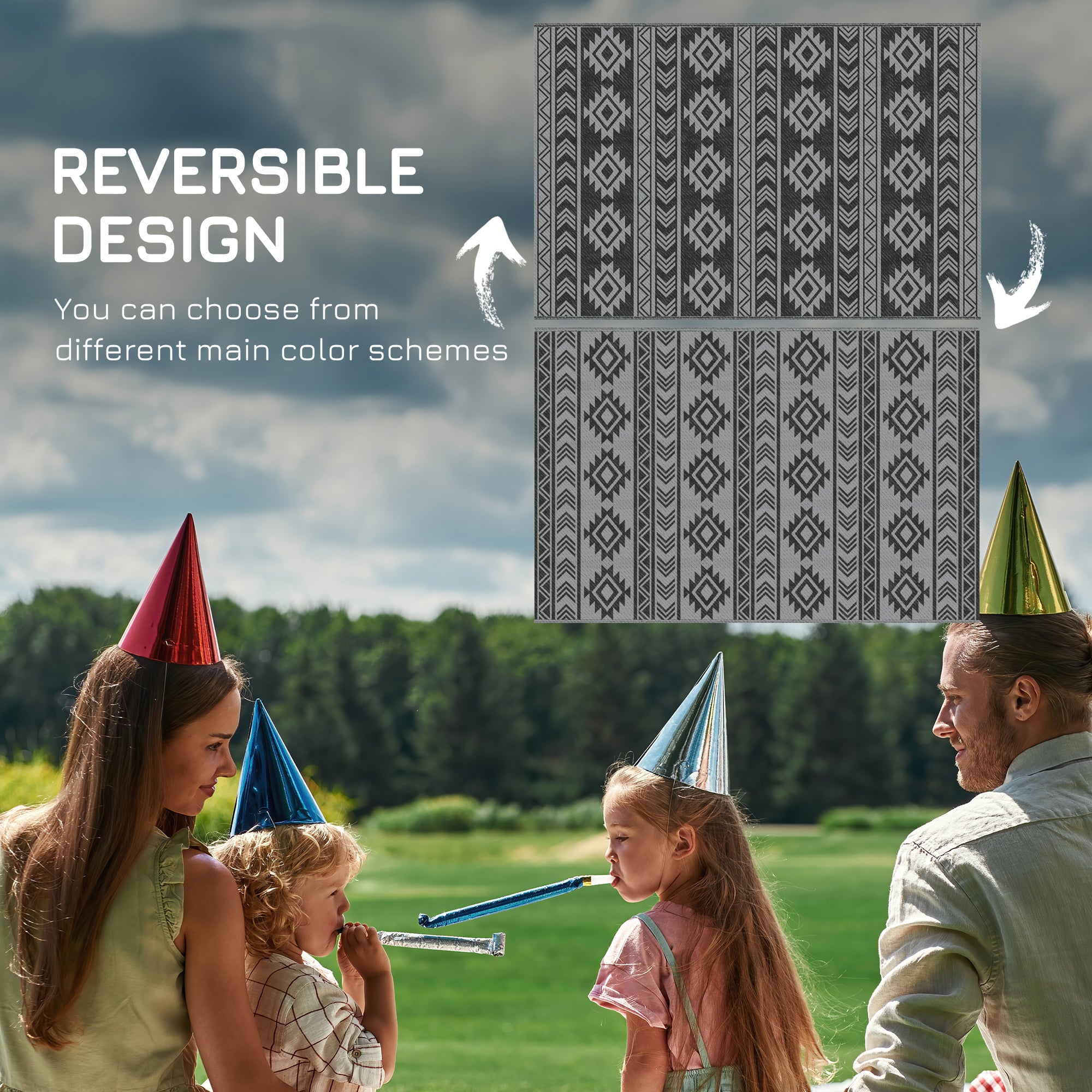 Reversible Outdoor RV Rug, Patio Floor Mat, 6' x 9' Plastic Straw Rug for Backyard, Deck, Beach, Camping, Black &; Grey Garden Decor at Gallery Canada