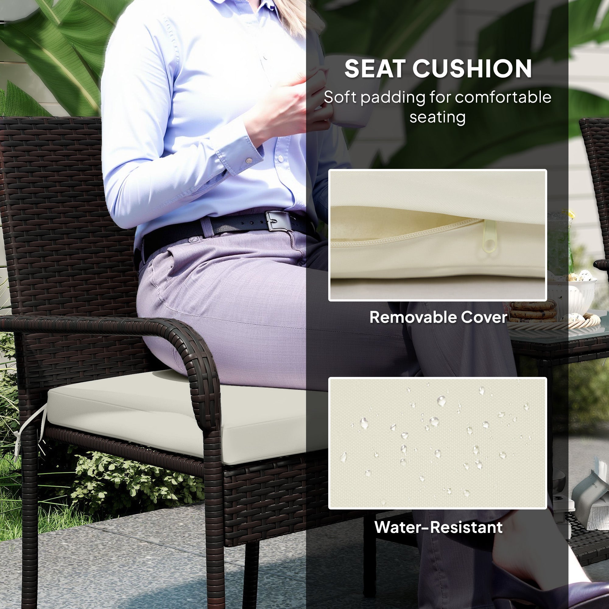 3 Piece Wicker Patio Furniture Set with Stackable Chairs, Washable Cushion, Tempered Glass Top, for Backyard, Brown Bistro Sets at Gallery Canada
