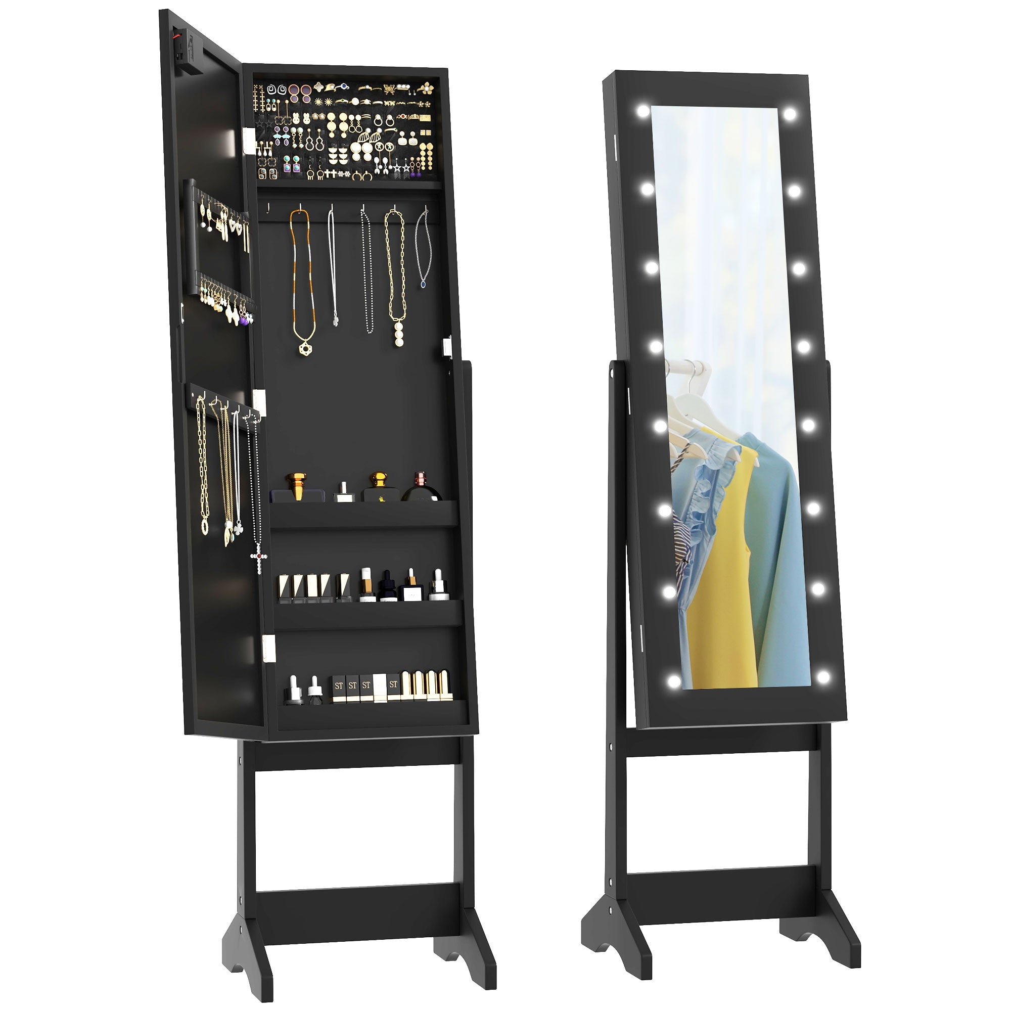 Free Standing Armoire Organizer, Lighted Mirrored Jewelry Cabinet w/ Angle Adjustable &; 16 LED Lights Black Jewelry Armoire & Jewellery Mirror Cabinets Black at Gallery Canada