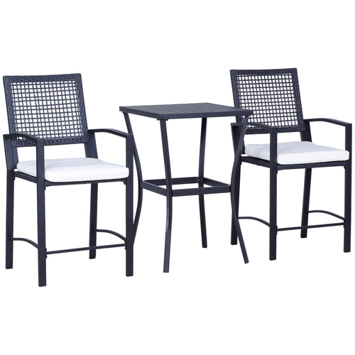 3 Pieces Outdoor Wicker Bar Set, Classic Bistro Bar Set Garden Rattan Style Patio Bar Table &; High Chairs w/ Cushions Home Bar Furniture, Cream White