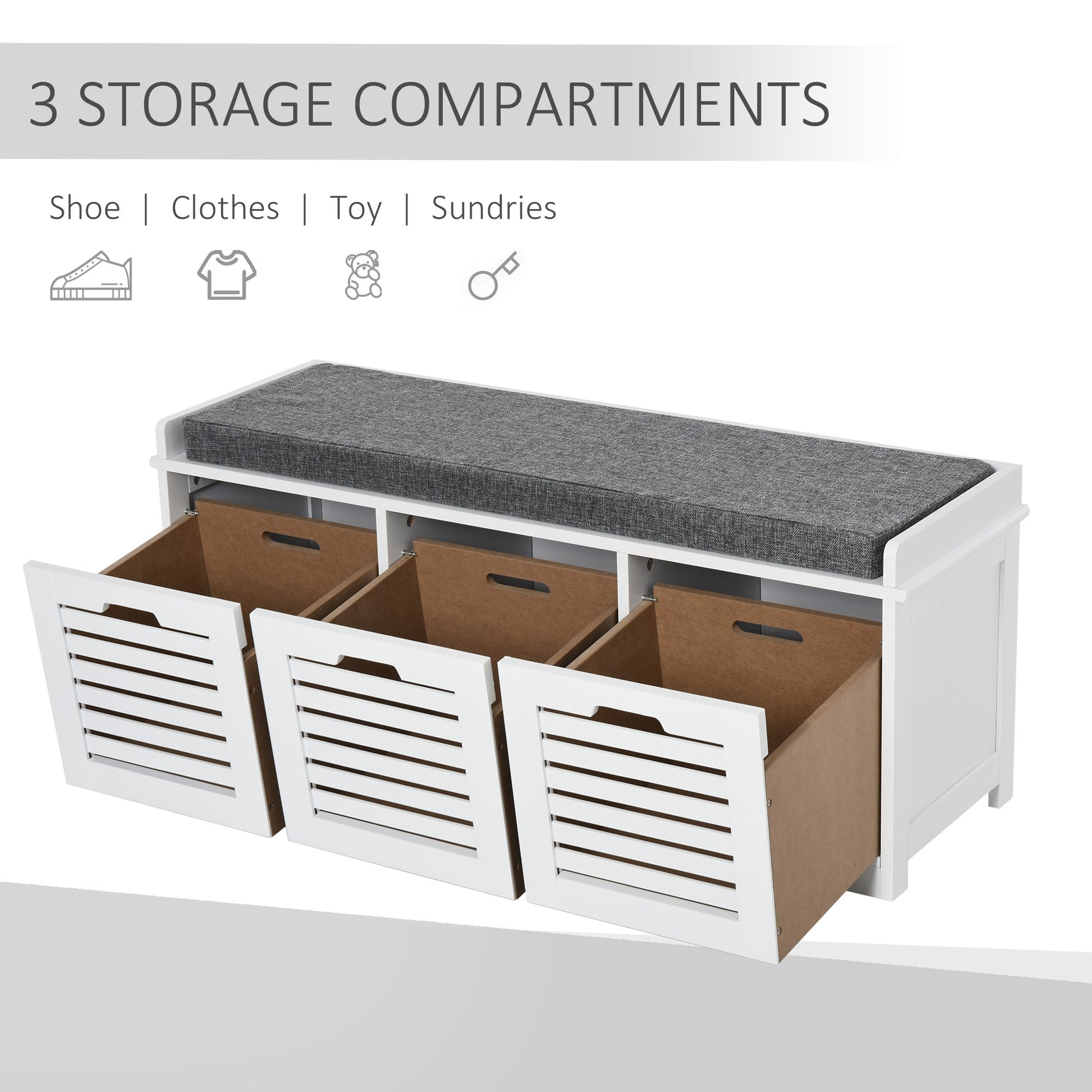 Upholstered Shoe Cabinet Storage Bench with Padded Cushion, with 3 drawer Enough Storage Space Bench Stool for Living Room Entryway Furniture, White Shoe Storage Cabinets & Racks   at Gallery Canada