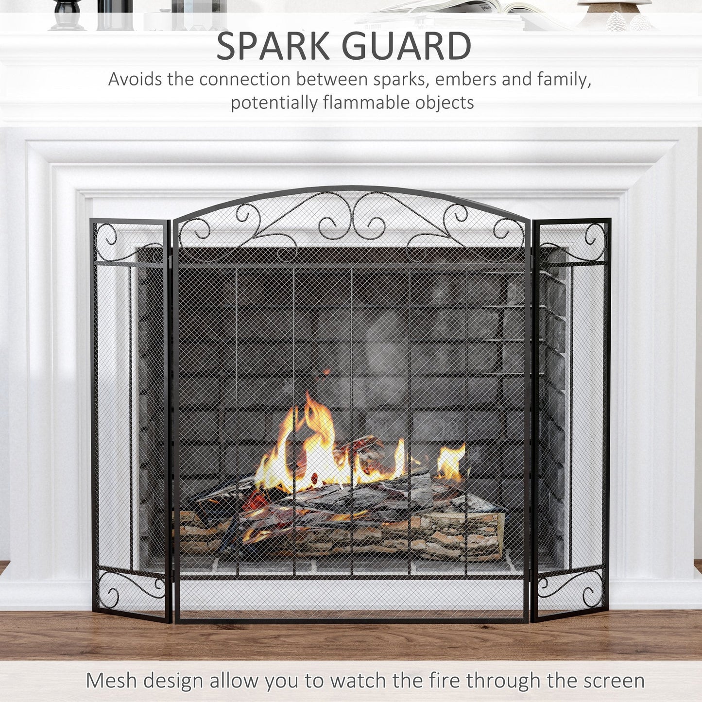 3-Panel Folding Fireplace Screen, Steel Mesh Fire Spark Guard Cover with Decorative Vine Pattern for Living Room Indoor Decor, 41.25" x 31.75", Black Fireplace Screens   at Gallery Canada