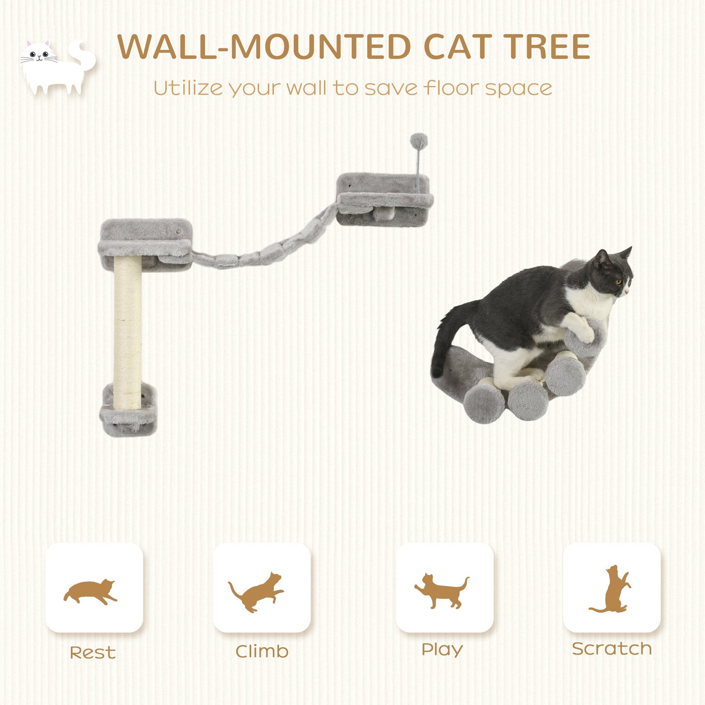 Cat Wall Shelf with Scratching Post, Cat Wall Shelves for Relaxing, Climbing, Double Platforms Cat Wall With Soft Ladder and Play Balls, Grey Cat Climbing Wall   at Gallery Canada