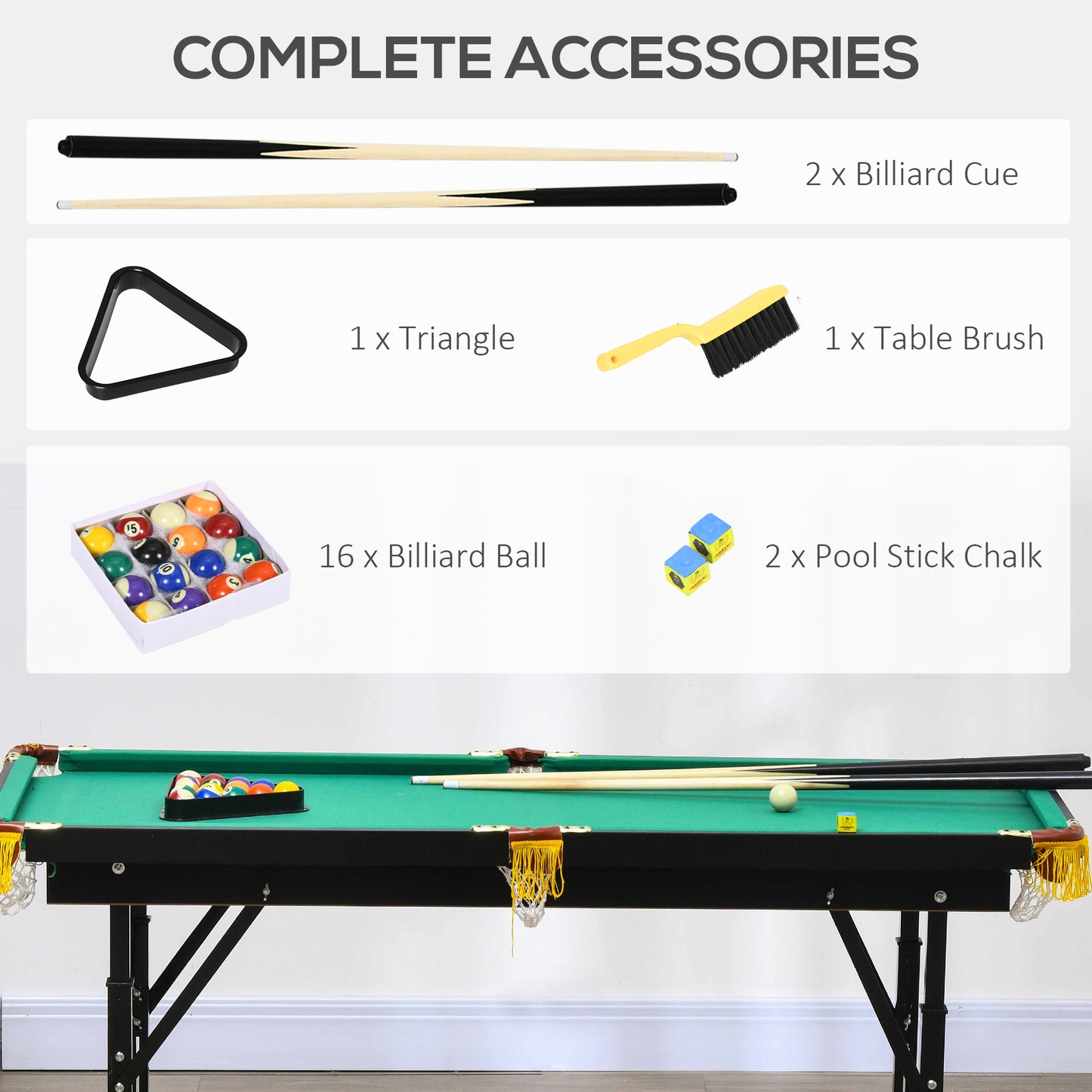 55" Pool Table Set Folding Billiard Table with Adjustable Height, 2 Cues, 16 Balls, 2 Chalks, Triangle, Brush, Green Game Tables   at Gallery Canada